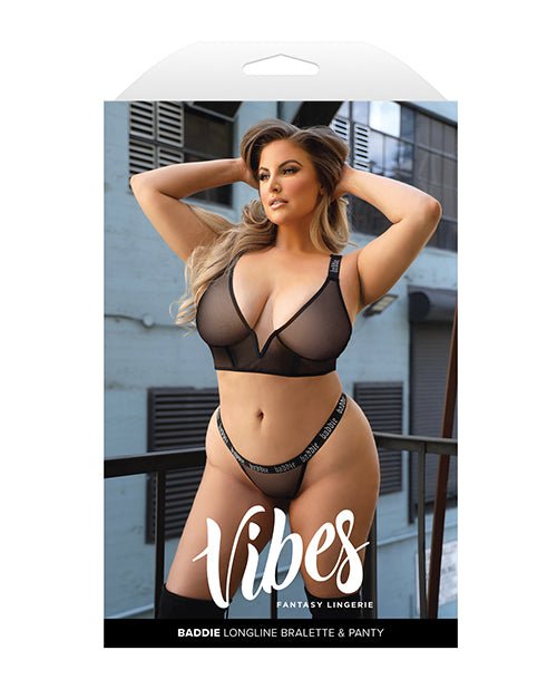 Vibes Baddie Glitter Mesh Long Line Bralette & Thong Black QN | Shop Lowest Prices at fonlove.shop